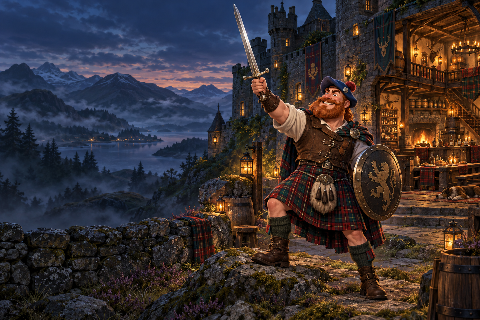 Illustrated Scotsman and his castle above a Highland lake